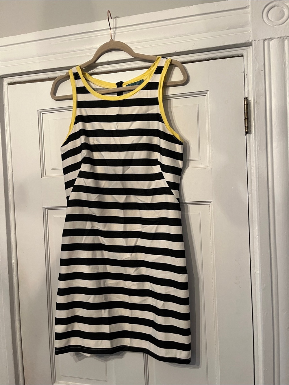 Pim + Larkin Black and White Striped Mini Dress with Yellow Trim